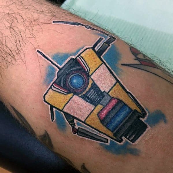 Cartoon-style Claptrap tattoo with bold outlines, set against soft blue cloud shapes for a playful and colorful Borderlands tribute.