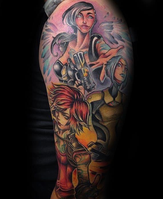 Vibrant full-sleeve tattoo of Borderlands Sirens including Lilith, Maya, and Angel, with dynamic poses, glowing effects, and rich color shading.