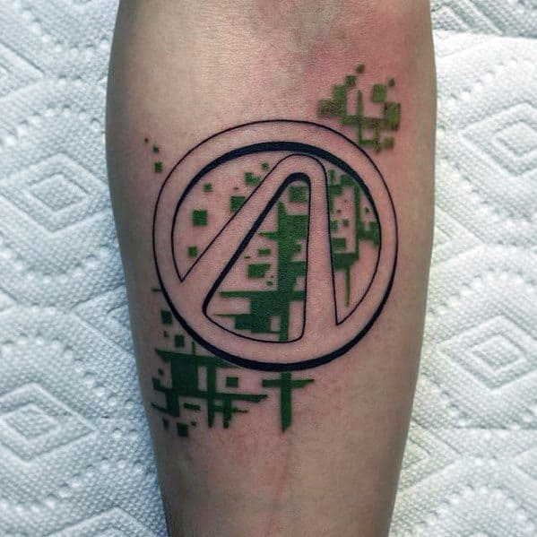 Borderlands logo tattoo with a pixelated green glitch effect, giving it a digital, futuristic aesthetic.