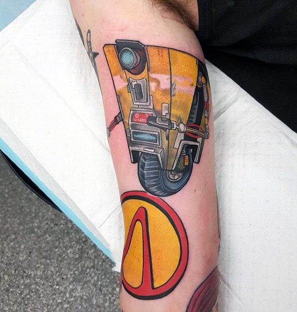 Bright yellow Claptrap tattoo above a large orange Borderlands logo, both designed with clean lines and vibrant comic-style colors.