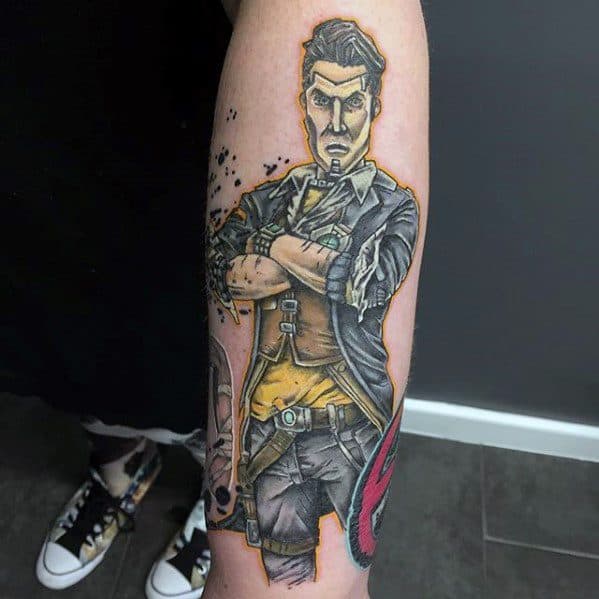 Bold tattoo of Handsome Jack from Borderlands, done in comic style with strong outlines, a confident pose, and splatter effects in the background.
