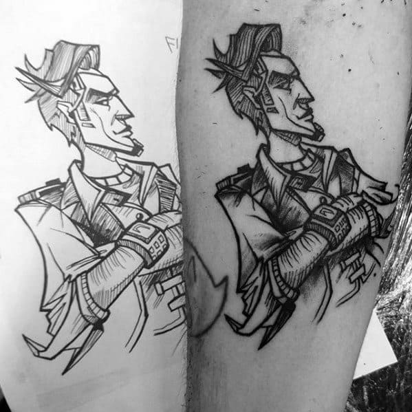 Blackwork tattoo of Handsome Jack from Borderlands, featuring sharp comic-style lines and a confident pose with arms crossed.