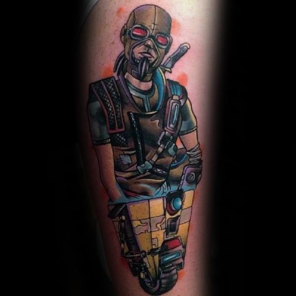 Colorful tattoo of Zer0 from Borderlands riding Claptrap, blending comic-style outlines, vibrant colors, and red-orange highlights.