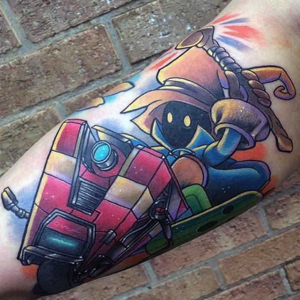 Colorful tattoo mashup of Claptrap from Borderlands and Vivi from Final Fantasy, with bold outlines and a vibrant, cartoon-style background.