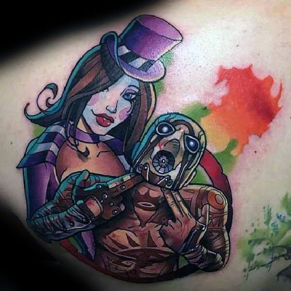 Colorful tattoo of Mad Moxxi hugging a Psycho Bandit giving the finger, set against a watercolor splash background with bold, comic-style lines.