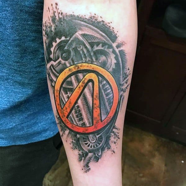 Borderlands logo tattoo in fiery orange tones layered over detailed black and grey biomechanical gears and tech elements.