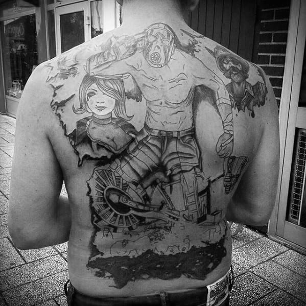 Massive black and grey Borderlands back tattoo featuring a central Psycho Bandit, surrounded by characters and game elements in a sketchy, dynamic style.