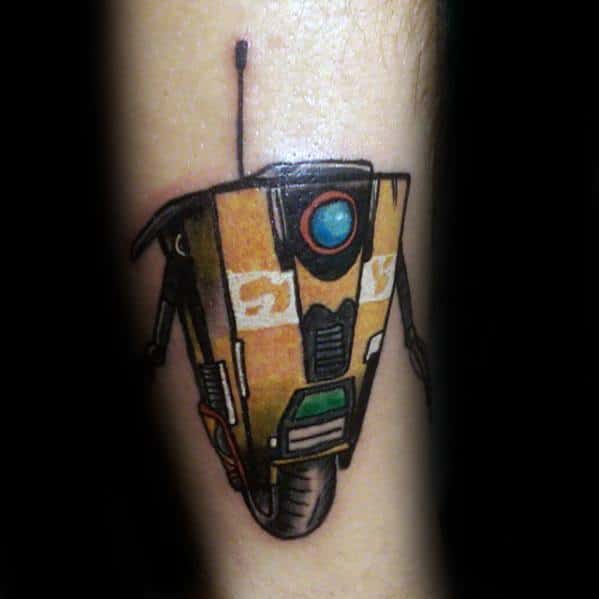 Minimalist Claptrap tattoo in bold yellow and black tones with clean lines and vibrant shading for a sleek, animated look.