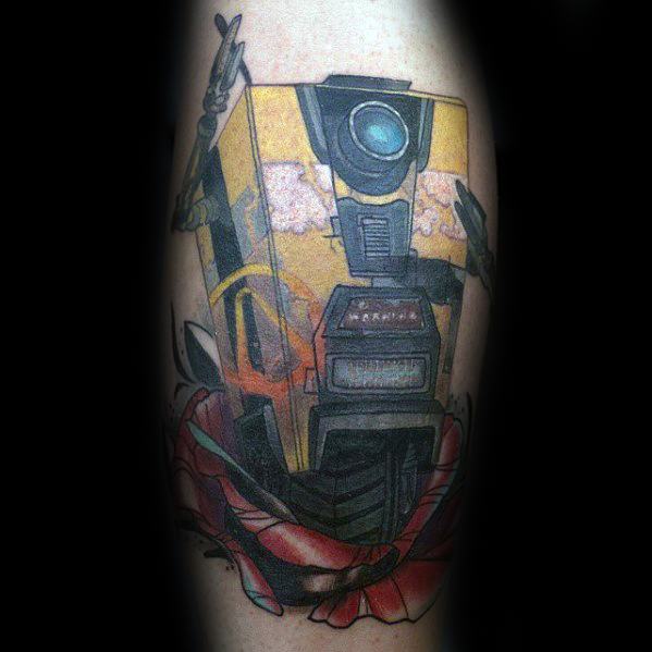 Claptrap tattoo in yellow with both hands throwing peace signs, standing on a red flower for a playful yet bold design.