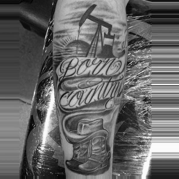Born Country Cowboy Grey And Black Tattoo With Script For Men