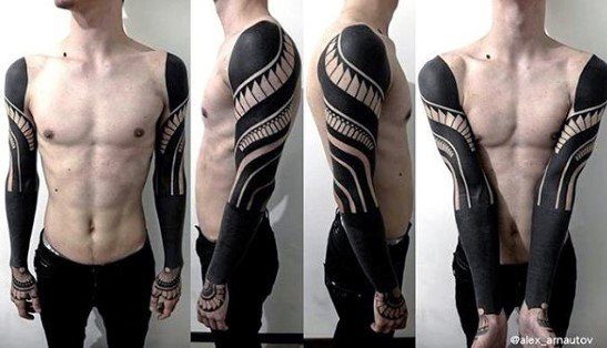 Both Arms Sleeve Male All Black Negative Space Tattoos