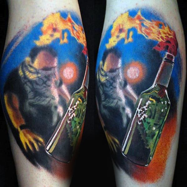 Bottle On Fire Mens Leg Calf Tattoo