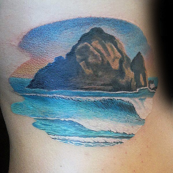 Boulder In Ocean Mens Landscape Beach Tattoos