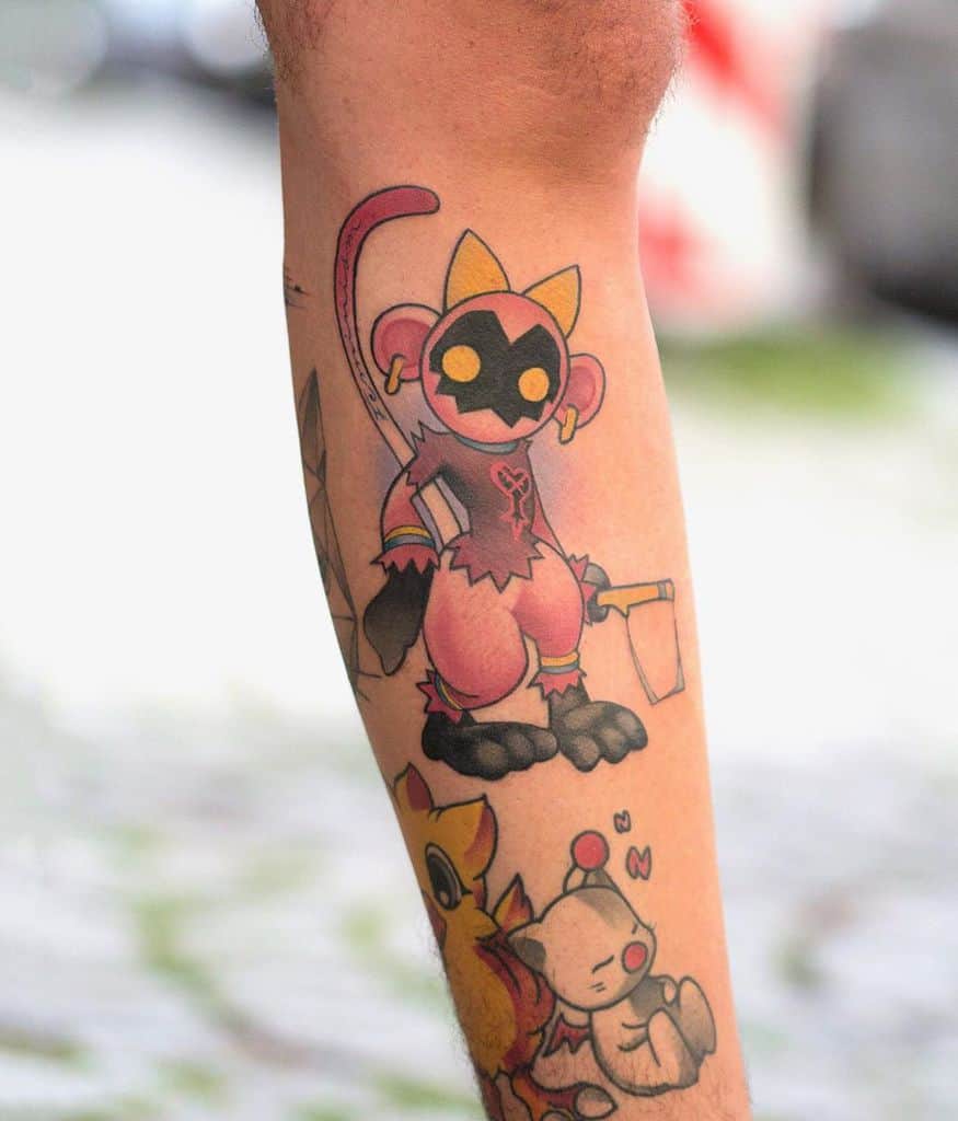 Colorful Kingdom Hearts tattoo featuring a Trickmaster Heartless, Chocobo, and Moogle in a playful, cartoon-style design on the leg.