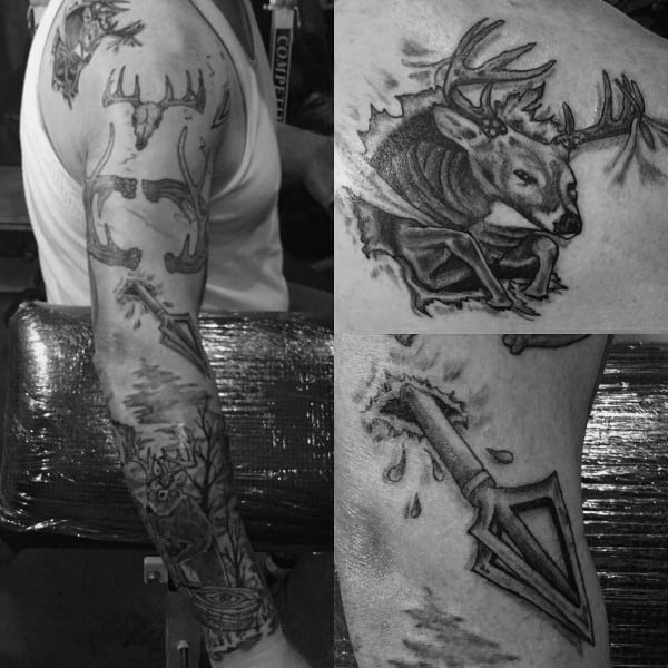 Bowhunting-themed tattoo sleeve with deer skulls, a broadhead arrow, a realistic buck breaking through skin, and forest elements.