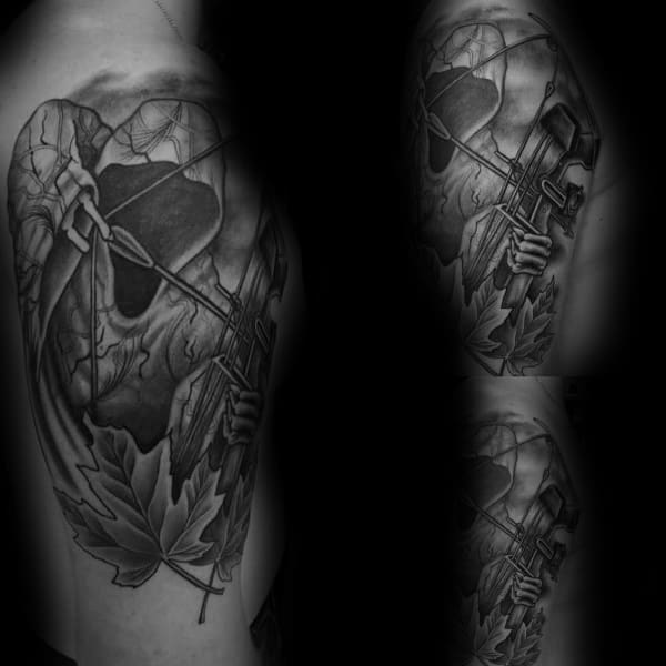 Dark-themed tattoo of a hooded archer drawing a compound bow, surrounded by smoke and maple leaves for a dramatic forest vibe.