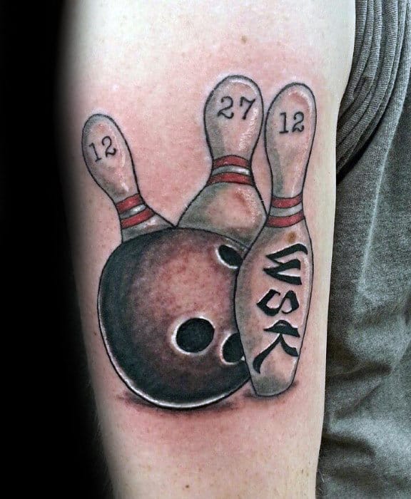 Bowling Ball With Pins Mens Arm Tattoos