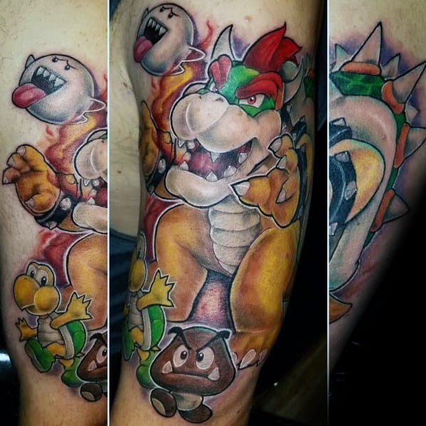 Detailed Bowser tattoo on a man's leg featuring Boo, Koopa, and Goomba with bold colors, dynamic shading, and an action-packed design.