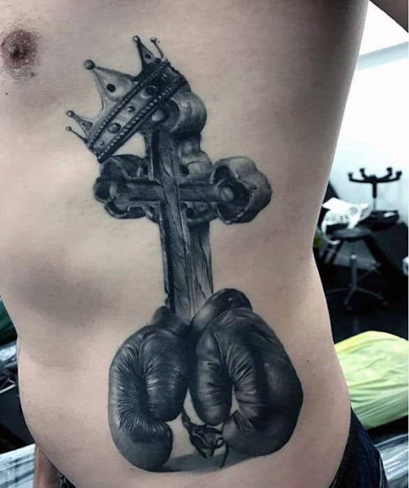 Boxing Gloves With Cross And Crown Badass Mens 3d Rib Cage Tattoos