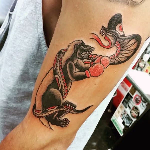 Boxing Honey Badger With Cobra Snake Mens Arm Tattoos