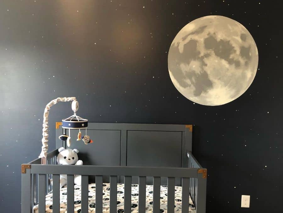boys nursery ideas painted moon mural wall gray crib
