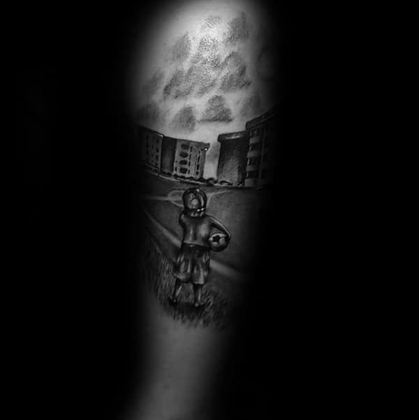 Boy On Soccerfield Mens Half Sleeve Tattoo Designs