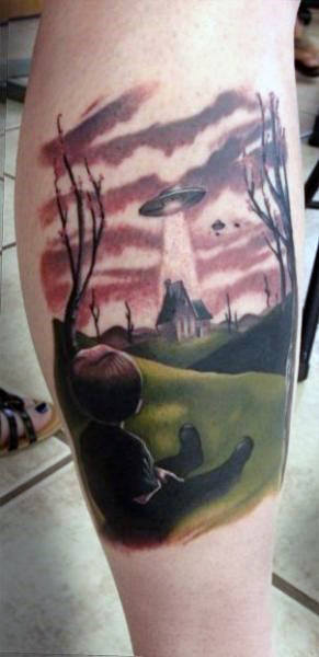 Boy Watching Faraway Ufo Tattoo Mens Calves