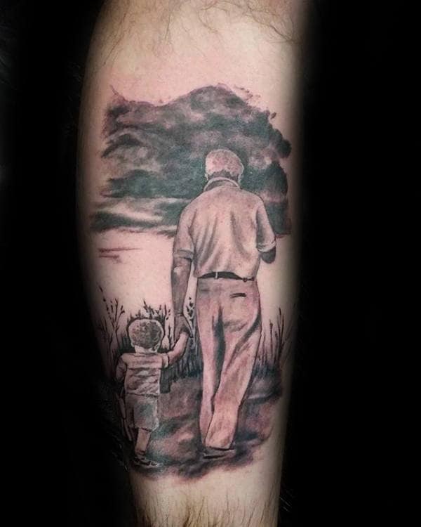 Boy With Grandfather Mens Leg Tattoo Design