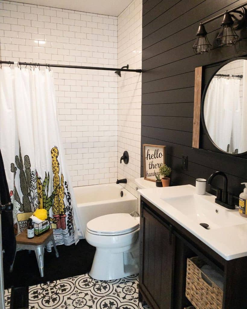 white tile shower black shiplap wall and vanity modern bathroom cactus shower curtain