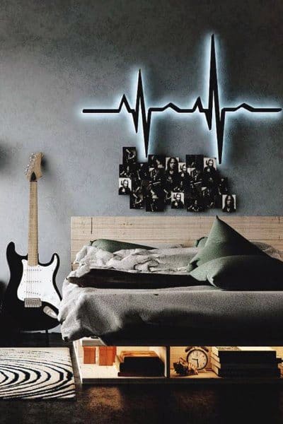 Modern bedroom with guitar, neon heartbeat wall art, and cozy bedding; decorative photos above bed