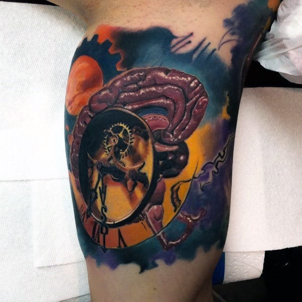 Brain With Clock Gears Colorful Mens 3d Inner Arm Tattoos
