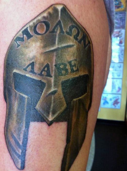 Brave Molon Labe Bronze Helmet Tattoo Design On Male