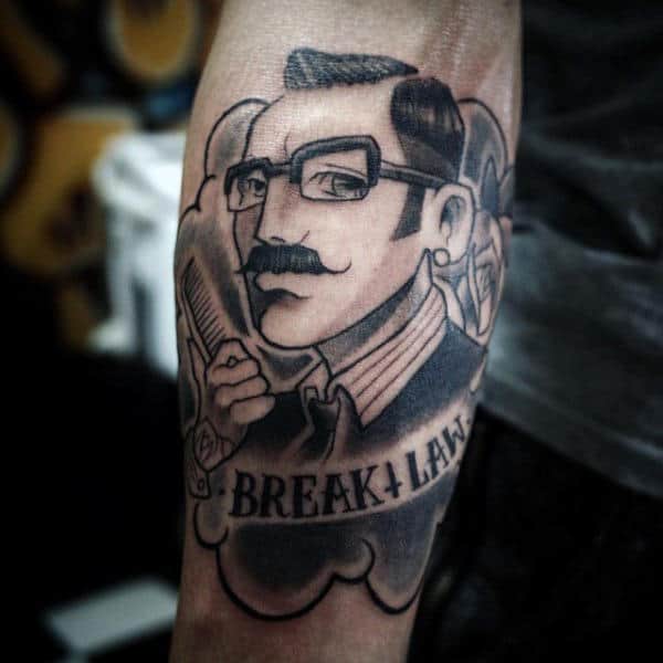Break Law Barber Tattoo On Outer Forearm For Men