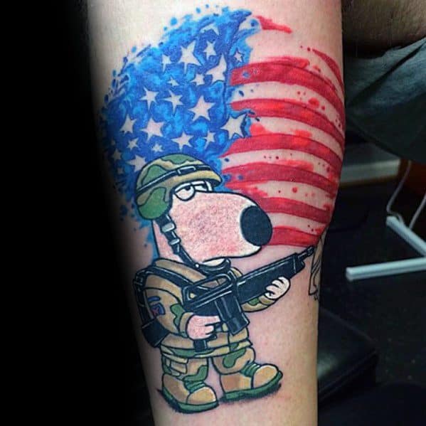 Tattoo of Brian Griffin from Family Guy dressed as a soldier, holding a rifle, with a stylized American flag in the background.