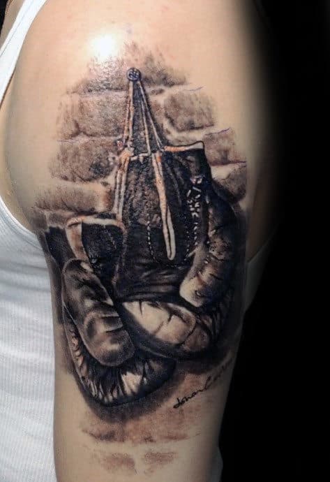 Brick Wall With Boxing Gloves Mens Realistic Upper Arm Tattoo Designs