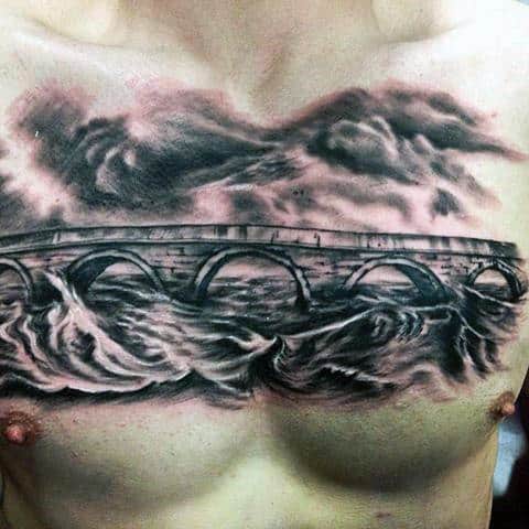 Bridge Over Water With Clouds Guys Black And Grey Chest Tattoo