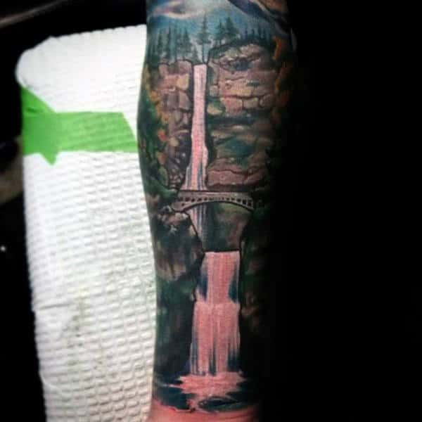 Bridge Over Waterfall Mens Forearm Sleeve Tattoos
