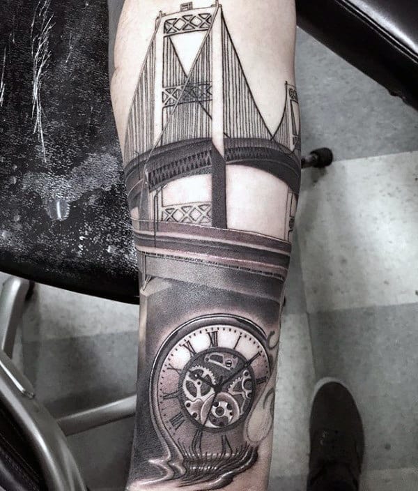 Bridge With Pocket Watch Mens Forearm Tattoos