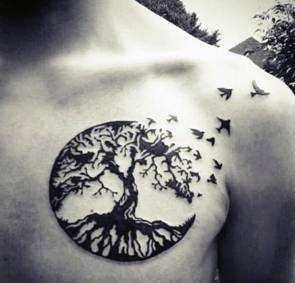 Brids Flying From Oak Tree Circular Tattoo On Chest For Males