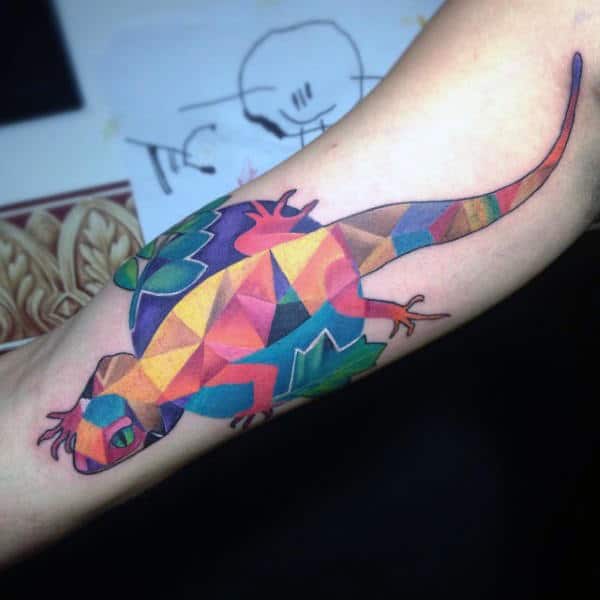 Bright And Colorful Lizard Tattoo On Arms Males