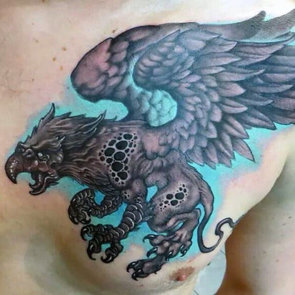 Bright Blue Griffin Mens Chest Tattoo
