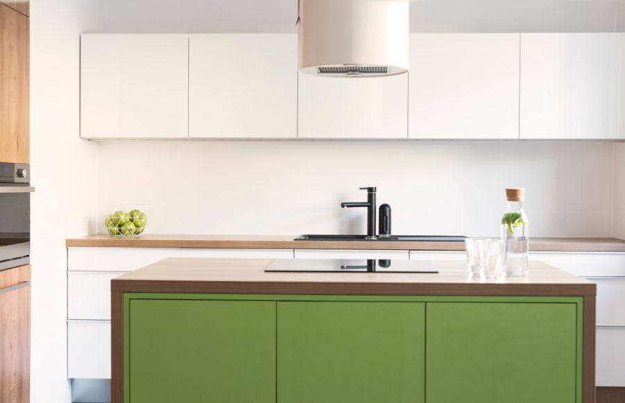 white cabinet kitchen green wood island