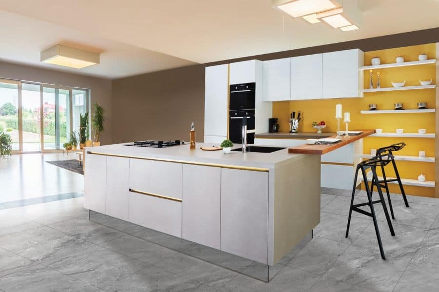 bright yellow accent wall modern open plan kitchen