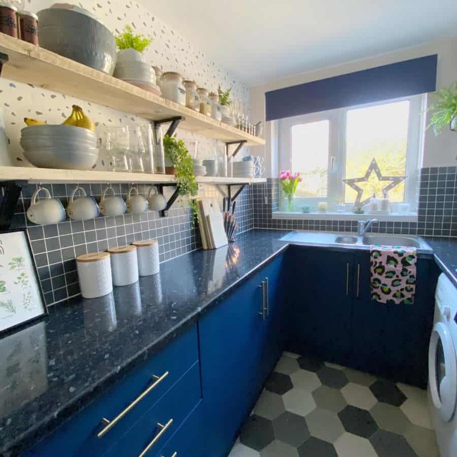 blue cabinet kitchen tile backsplash