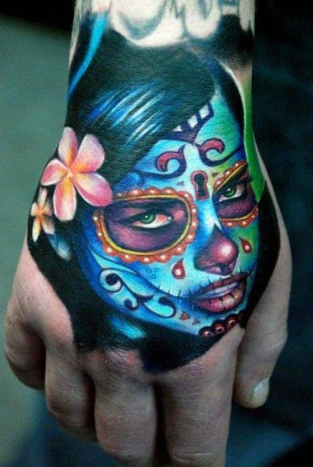 Bright Colored Green Eyed Lady Day Of The Night Tattoo Mens Hands