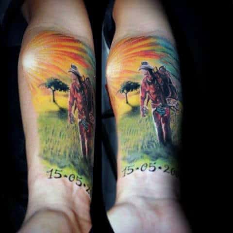 Bright Colorful Memorial Cowboy Tattoo Sunrise On Mans Inner Forearm