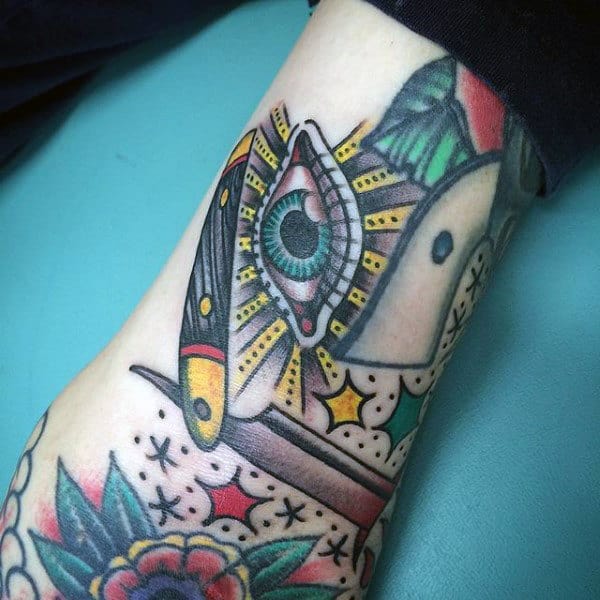 Bright Green Eye And Straight Razor Tattoo Male Forearms