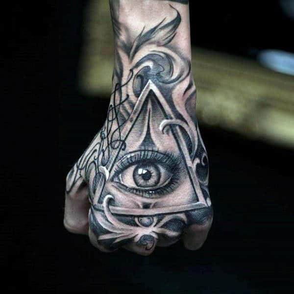 Bright Grey Eyes Illuminati Tattoo Male Hands