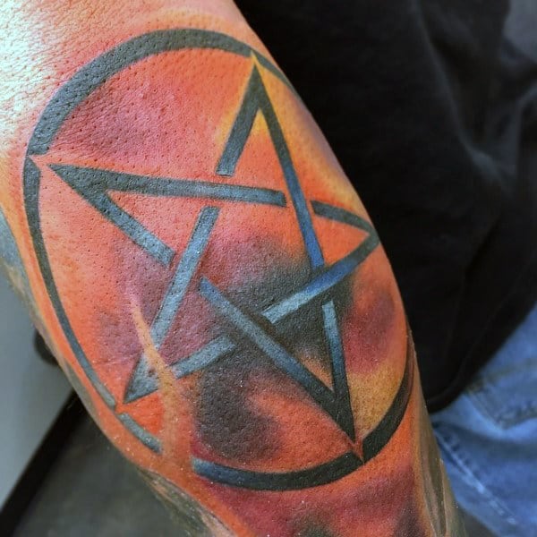 Bright Orange Backdrop Pentagram Tattoo Male Arms