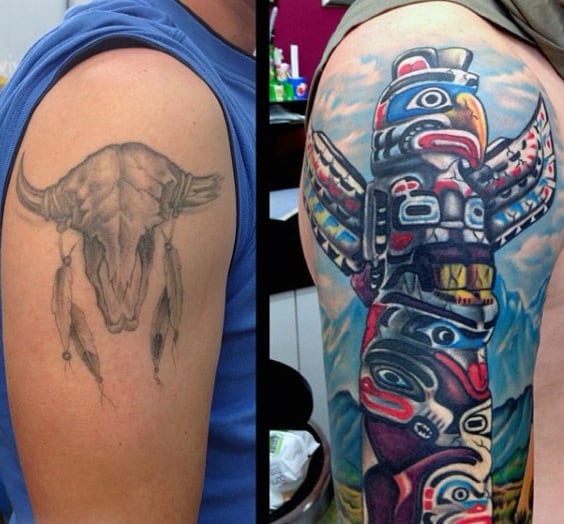 Brightly Colored Totem Pole Cover Up Upper Arm Tattoo On Gentleman